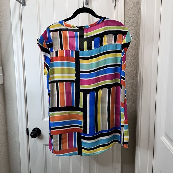 Spense Striped Patchwork Colorblock Lightweight Sheer Tunic Top Retro Funky Sz L - Picture 6 of 9